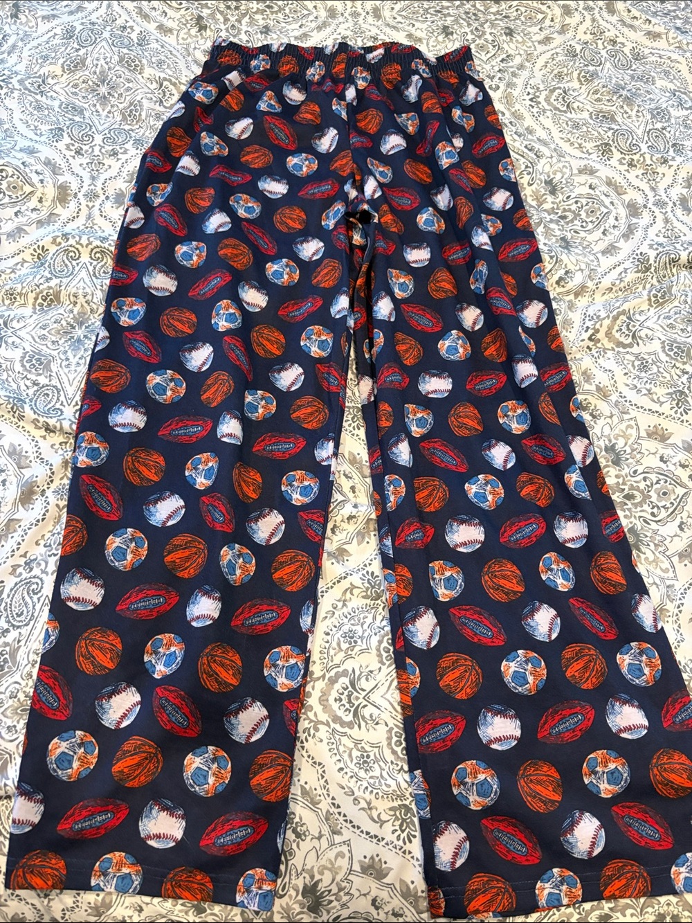 Cat & Jack Navy Blue Kids Pajama Bottoms with Orange and Red Sports Ball Print